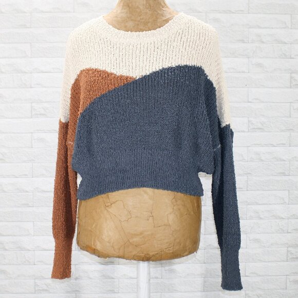 debut Sweaters - Colorblock Cropped Knit Sweater - Cream, Blue & Brown